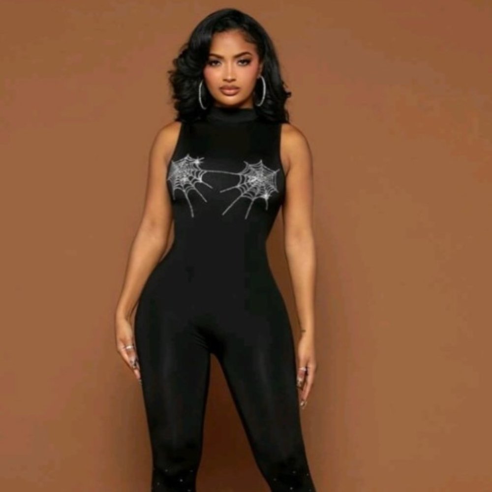 Rhinestone Spiderweb Pattern Mock Neck Jumpsuit | Women's L | Brand New w/Tags